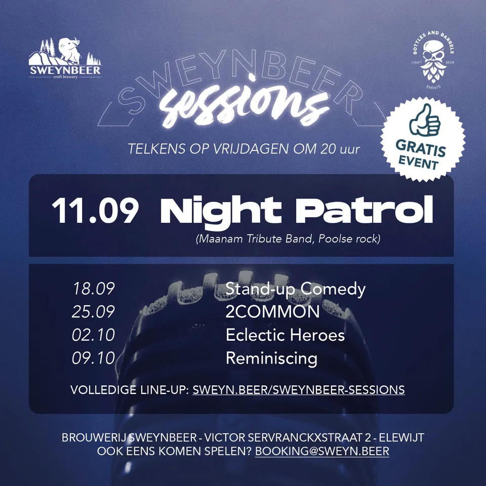 🥳 Deze avond? Session-tijd!
We steken van wal met een specialleke: Night Patrol is een Zemstse band die zich dé Maanam Tribute Band noemt. 

🤔 Maanam?  Een Poolse rockband die in 1976 is geformeerd door Marek Jackowski, Olga Jackowska en Milo Kurtis. De platen en singles die de band heeft uitgebracht behoren tot de meest populaire in Polen. 

Kom vanavond af, en ontdek het zelf!

🕔 Deuren: 17 uur
🕗 Band start om 20 uur
📍 Brouwerij Sweynbeer, Victor Servranckxstraat 2, Elewijt

Elke vrijdag open van 17 tot 22 uur
Elke zondag welkom tussen 13 en 18 uur