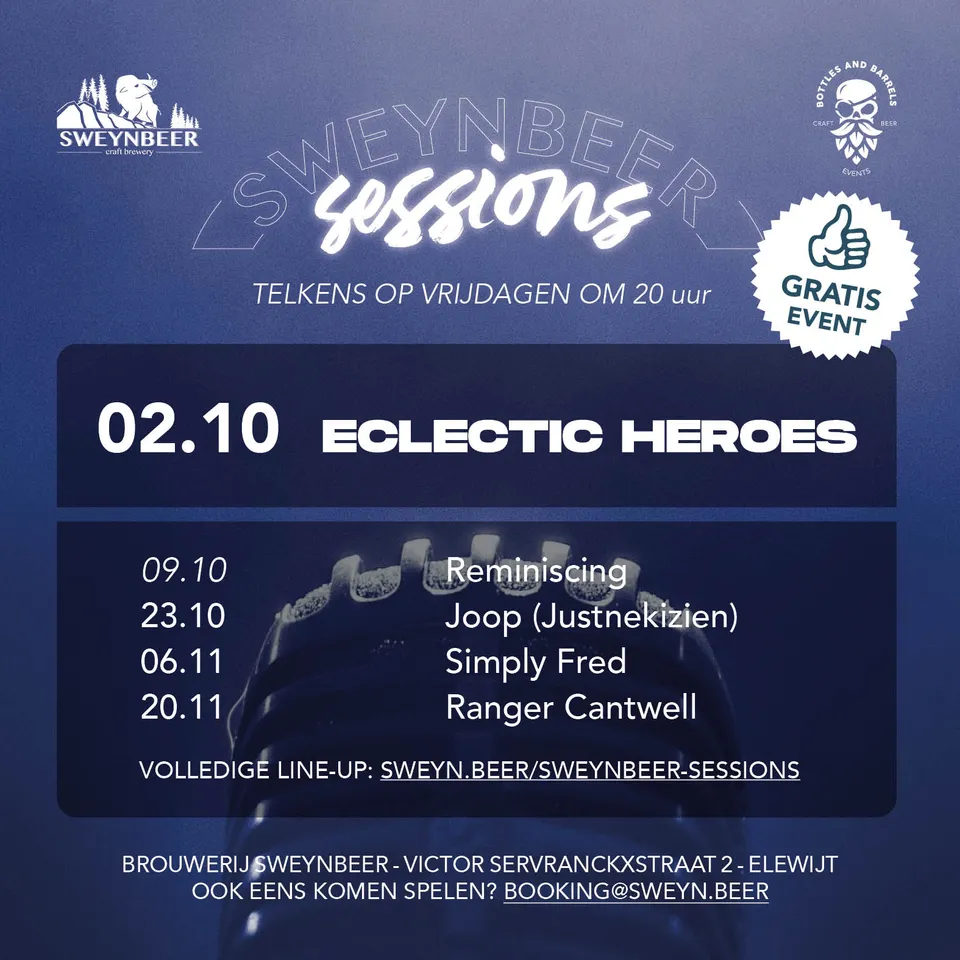 🐗 Straks: Sweynbeer Session-tijd!
En de fijne mensen van Eclectic Heroes komen spelen 🎸

Muziek voor allen, da's wat we mogen verwachten. Altijd plezant!
Concert is zoals steeds gratis bij te wonen.

🕔 Deuren? 17 uur
🕗 Aanvang concert? 20 uur
📍 Plaats? Alsof we jullie dat nog moeten vertellen. Maar alle:
Brouwerij Sweynbeer, Victor Servranckxstraat 2, Elewijt

Elke vrijdag open van 17 tot 22 uur
Elke zondag geopend van 13 tot 18 uur