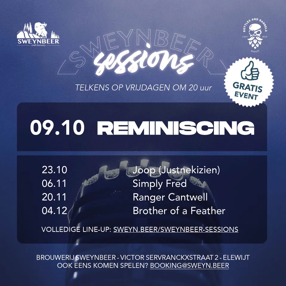 🤩 Deze vrijdag is er weer een erg fijne Sweynbeer Session. Mét gekend volk!
Reminiscing brengt hun swingende zelve weer mee naar onze brouwerij. Vorige keer keer werd er weinig of niet stilgezeten. Deze driekoppige bende weet van aanpakken!

🕔 Deuren: 17 uur
🕗 Aanvang band: 20 uur
🎫 Gratis toegang
📍 Brouwerij Sweynbeer, Victor Servranckxstraat 2, Elewijt

De hele line-up ontdekken? Ga naar /sweynbeer-sessions